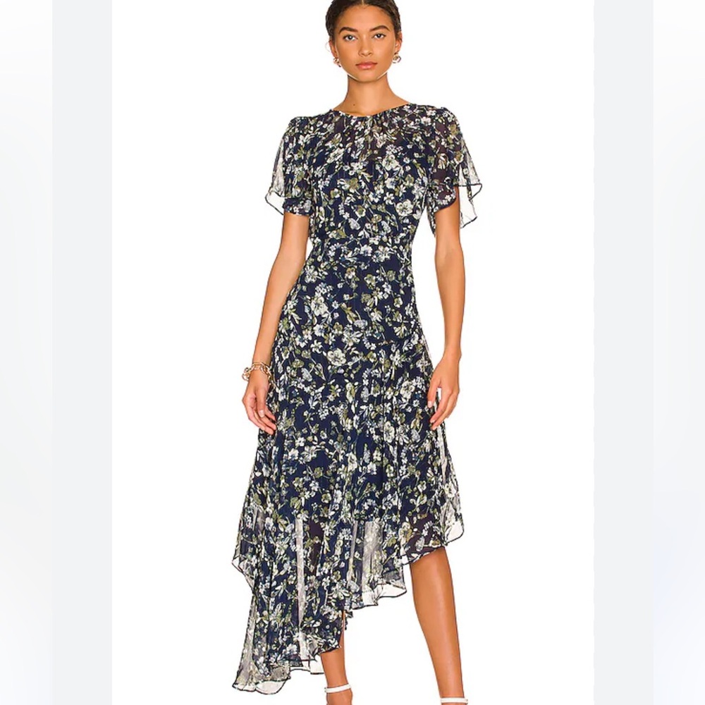 ASTR the Label Flutter Sleeve Asymmetrical Floral Maxi Dress - Blue Green Floral
